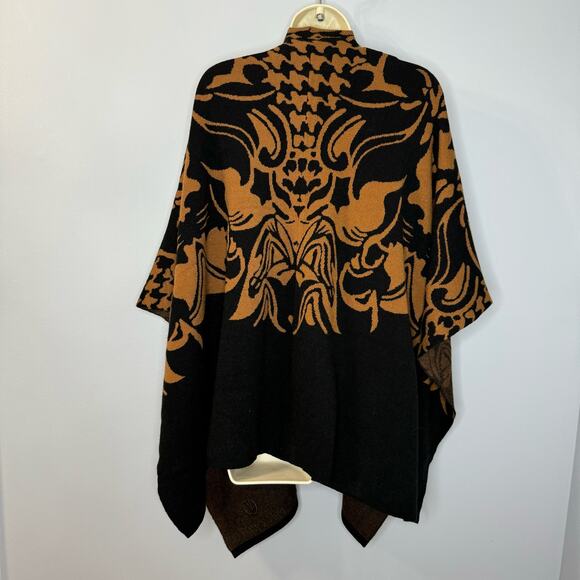 Ming Wang Knit Poncho Cape Wrap Rust Brown Black Printed Hope Wrap O/S New - Picture 10 of 15